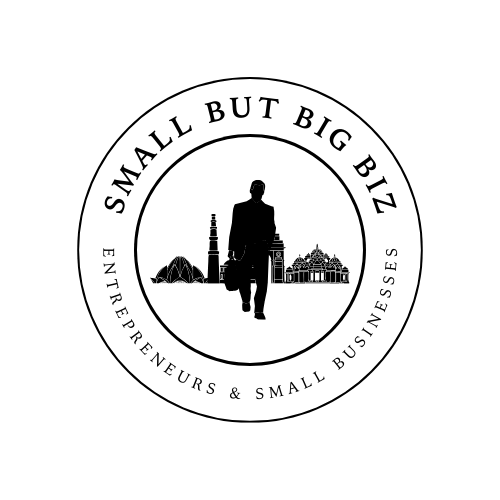 A circular logo with a person holding a briefcase, saying"SMALL BUT BIG BIZ" and "Entrepreneurship & Small Business."